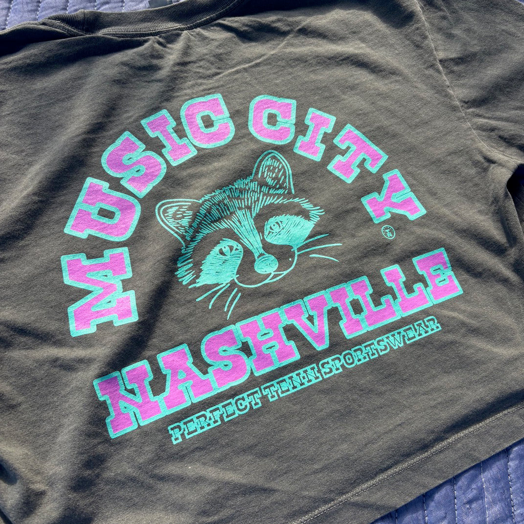 Music City Raccoon Faded Black w Neon Ink CROP