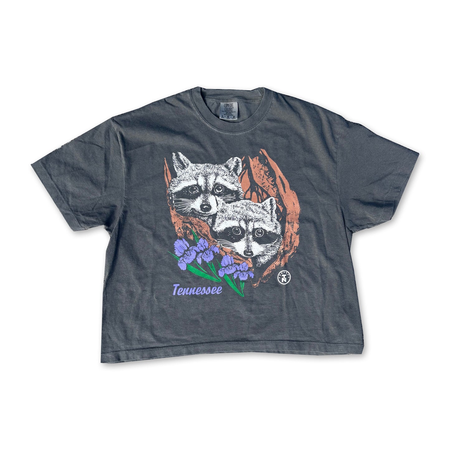 Tennesseee Raccoons in Stump with Iris Crop Tee