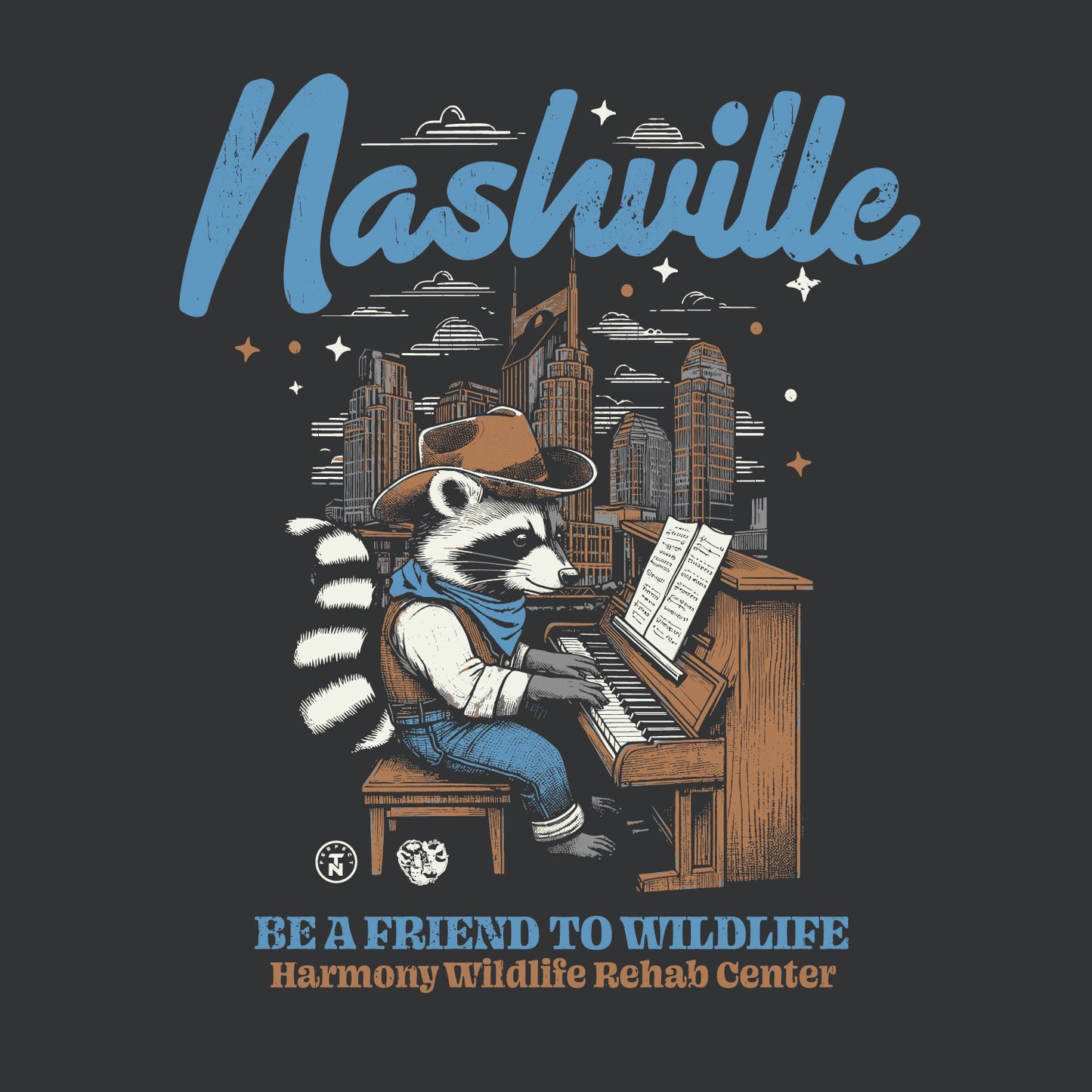 Be a Friend to Wildlife; Harmony Wildlife Raccoon on Piano Tee