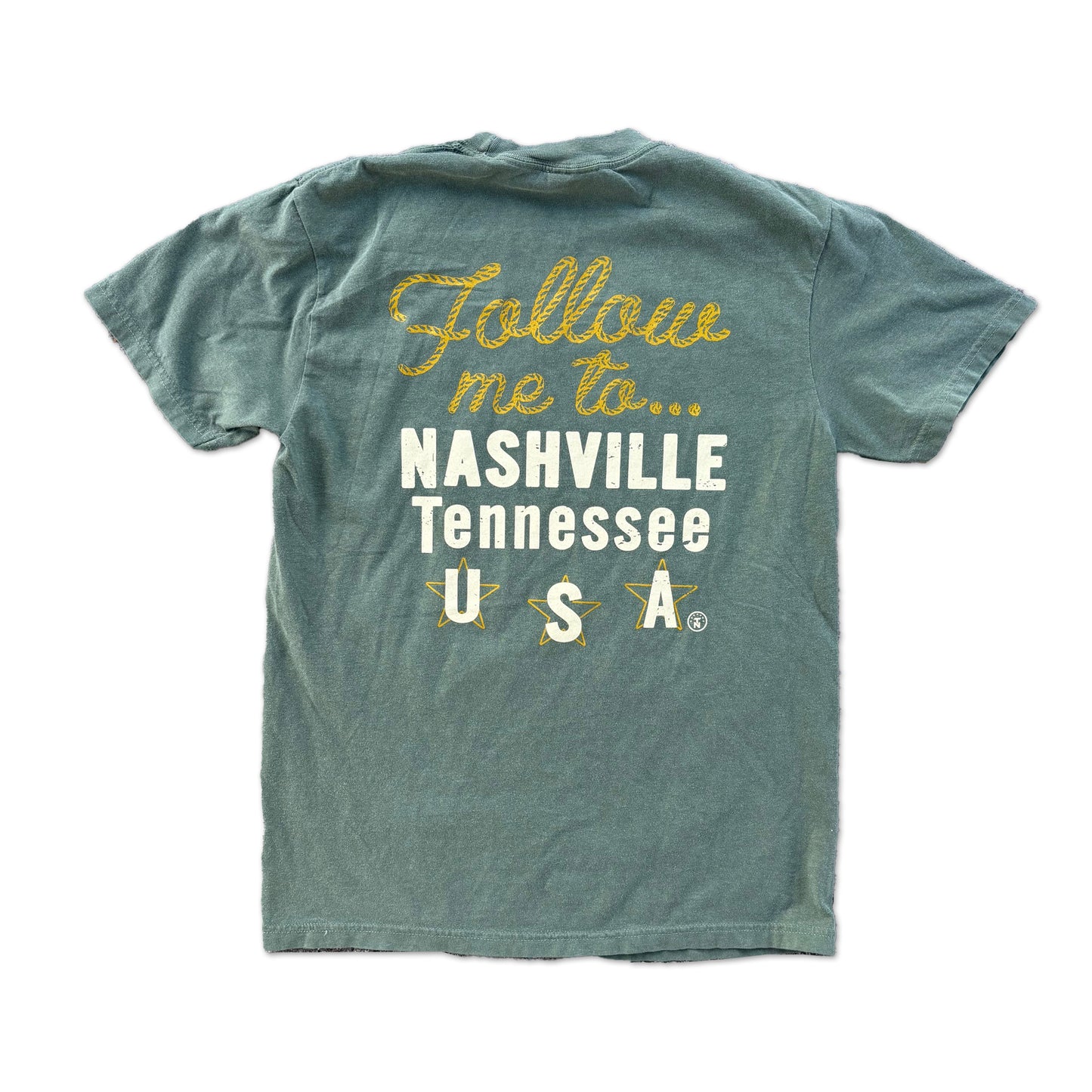 Follow Me to Nashville, Tenn Bucking Bronco Moss Green Tee