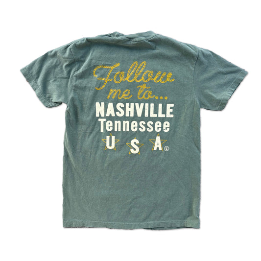 Follow Me to Nashville, Tenn Bucking Bronco Moss Green Tee