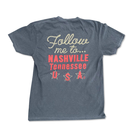 Follow Me to Nashville, Tenn Bucking Bronco Faded Black Tee