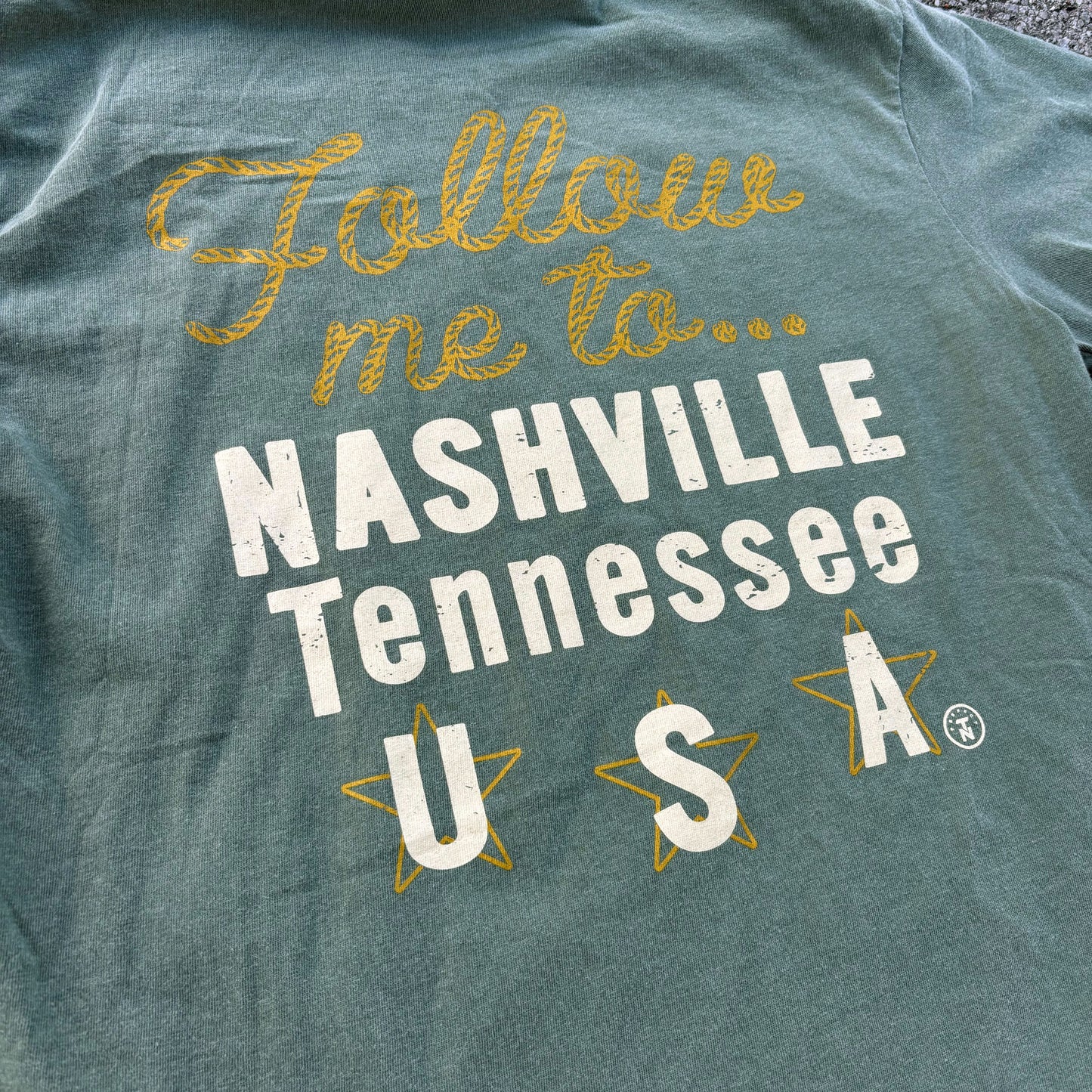 Follow Me to Nashville, Tenn Bucking Bronco Moss Green Tee