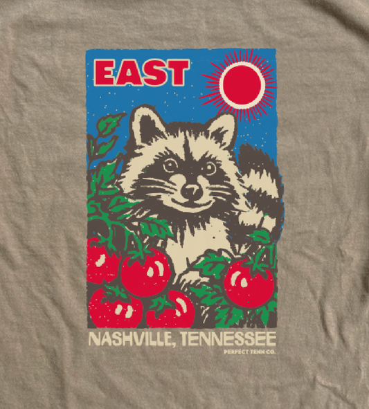 East Nashville Tomato Raccoon in the Garden Faded Brown Tee POST ORDER