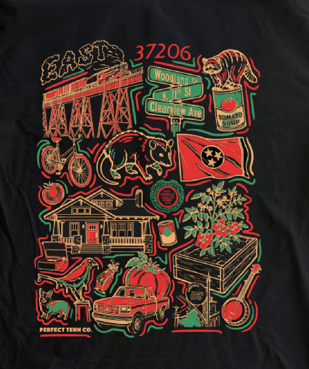 East Nashville Tomato Collage Sketch Black Tee *Presale