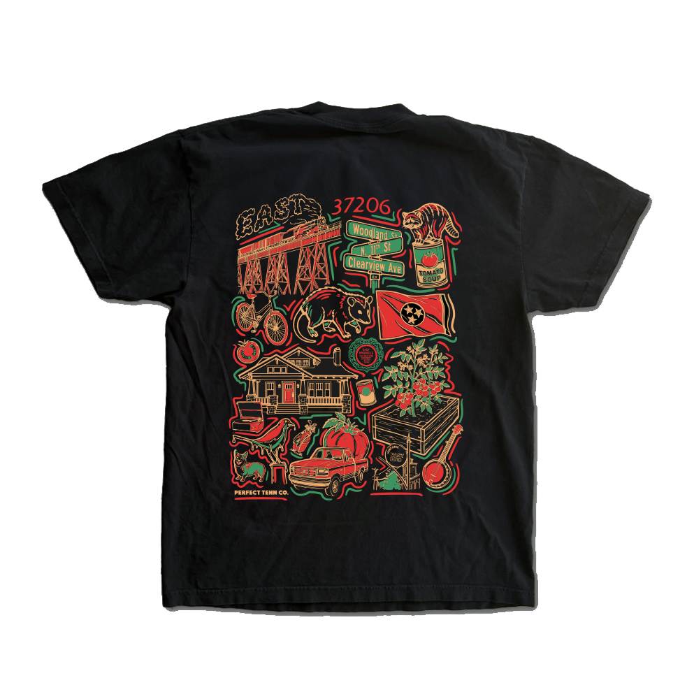 East Nashville Tomato Collage Sketch Black Tee *Presale