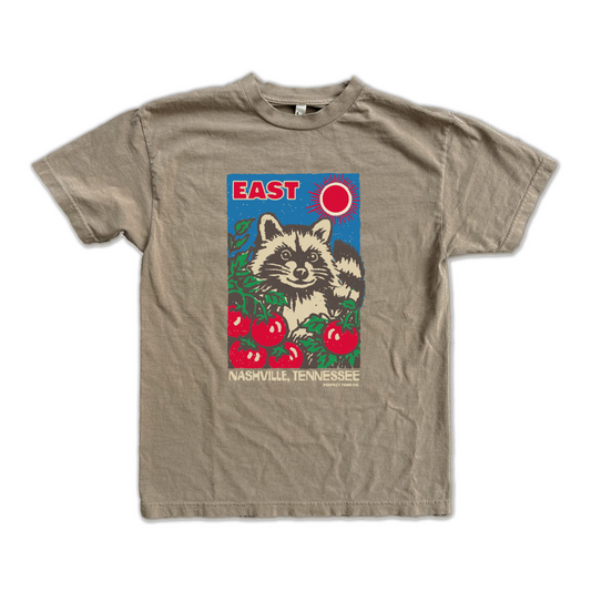 East Nashville Tomato Raccoon in the Garden Faded Brown Tee POST ORDER
