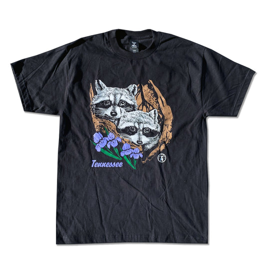 Tennesseee Raccoons in Stump with Iris Black Tee